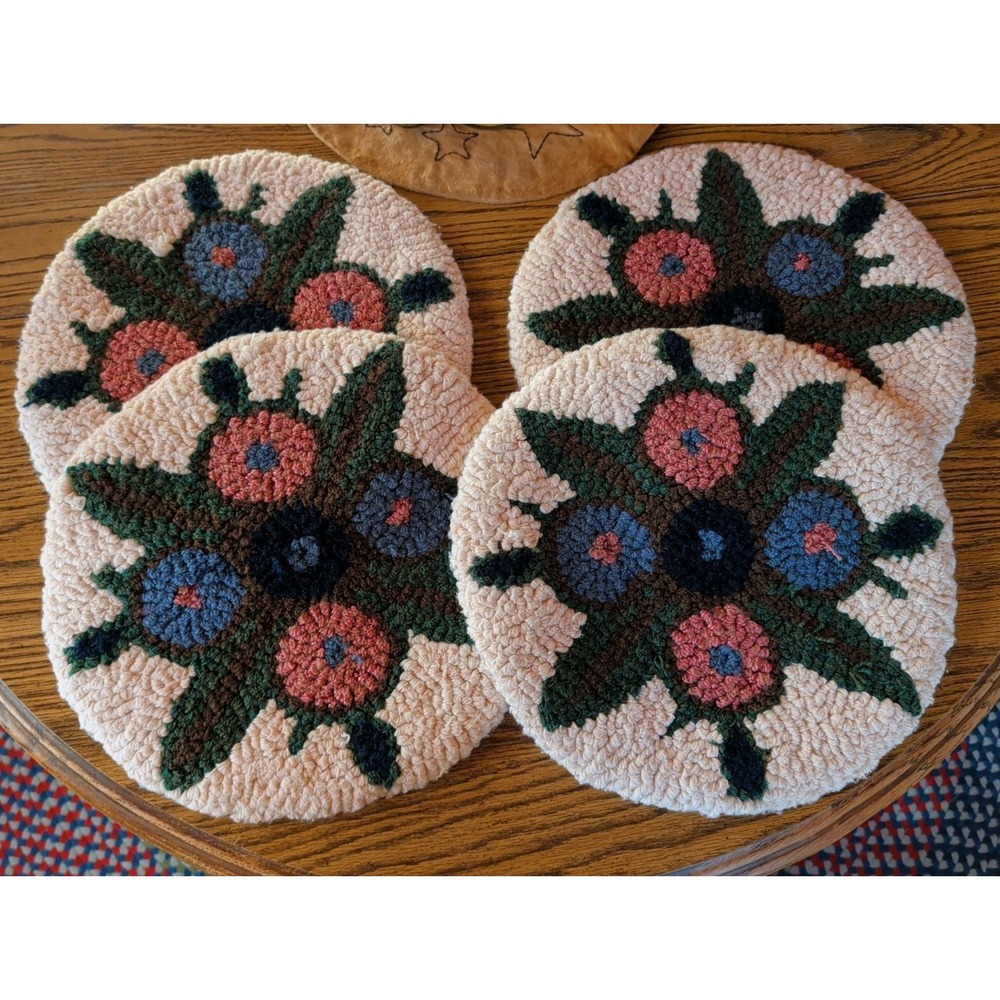 Beautiful Vintage Set Of 4 Decorative Hand Hooked Rug Chair Pads